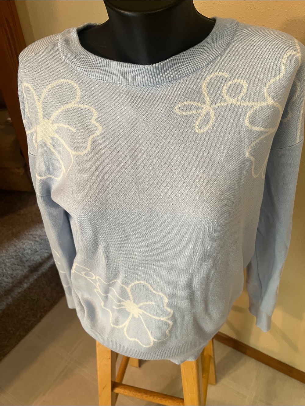 Maurices Light Blue Crewneck Sweater with White Floral Motif